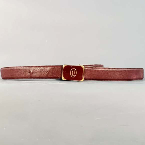 CARTIER Vintage Burgundy Gold Logo Leather Skinny Belt - Picture 1 of 8